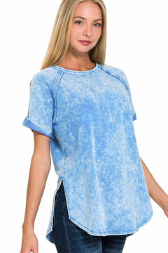 French Terry Acid Wash Top | Sky Blue