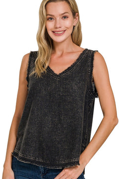 Washed Linen Frayed Sleeveless Top | Ash Black