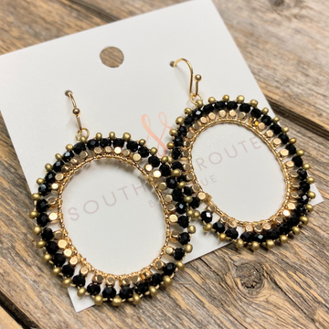 Beaded Gold Accent Oval Earrings | Black