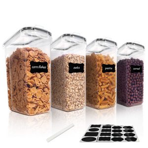 Vtopmart Cereal Dispenser, 4 Pcs Plastic Airtight Food Storage Containers,  for Snacks and Sugar, 84.5 fl oz, SMALL 