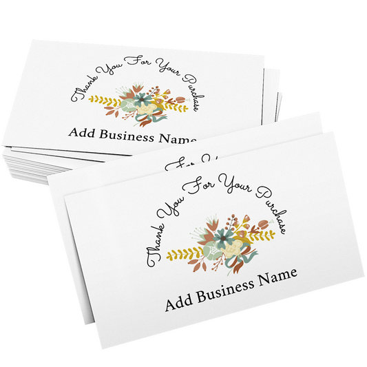 Thank for your purchase business card. Card is white with fall flowers on front. Has area to customize by adding business name.