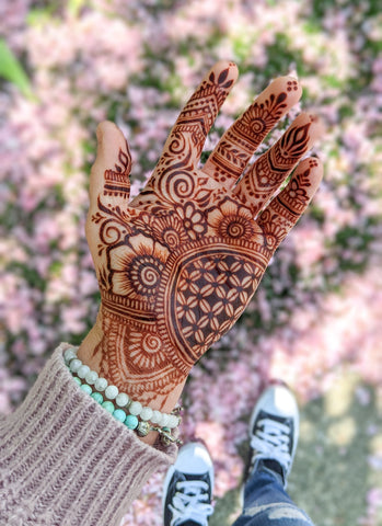 henna stain on palm of hand with a floral background