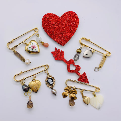 Heart Charm Safety Pin Brooches