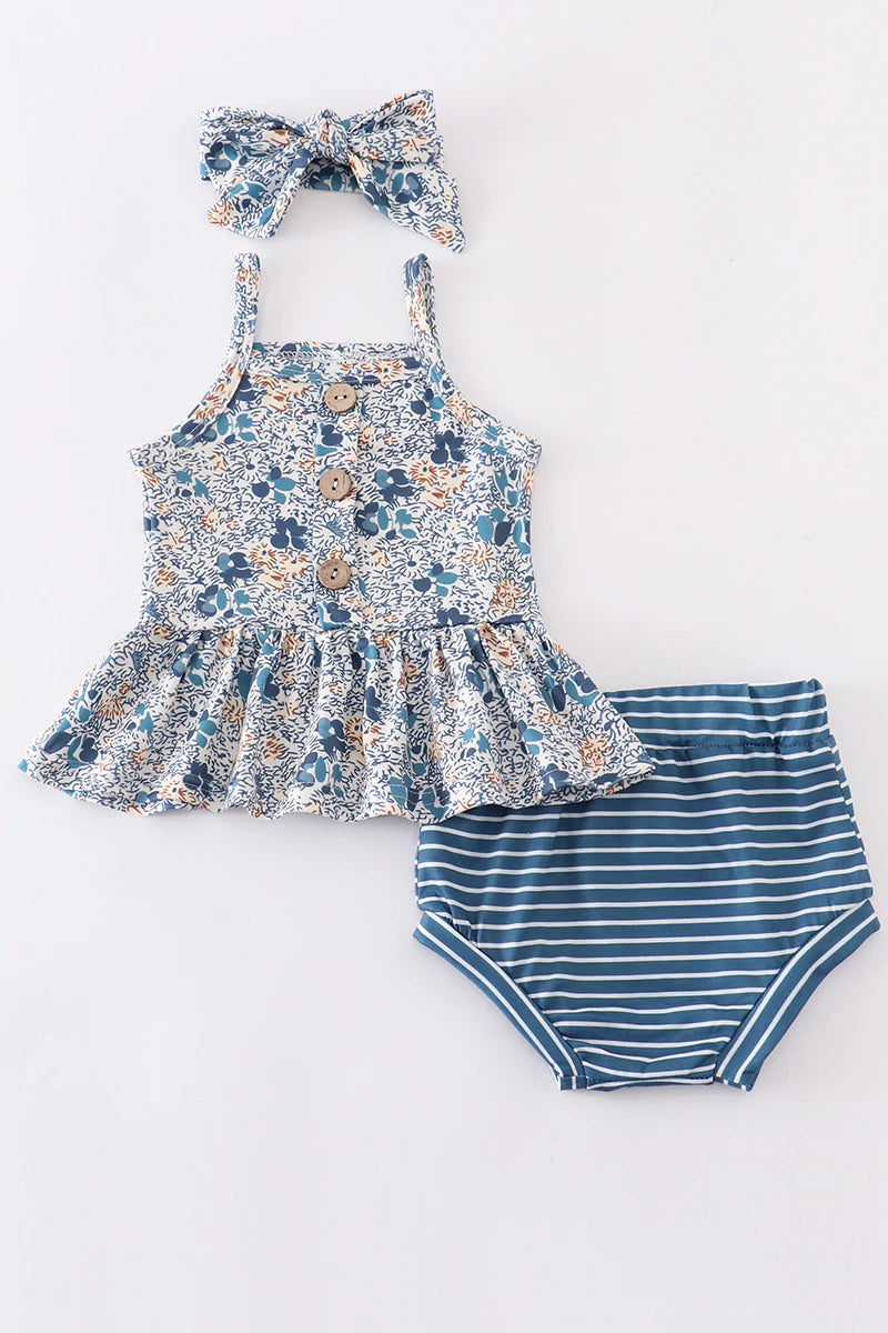 Blue Floral and Stripes 3 Piece Set