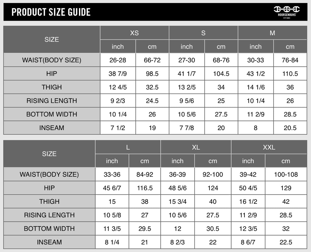 SIZE CHART - LONG BOTTOMS – HOORSENBUHS