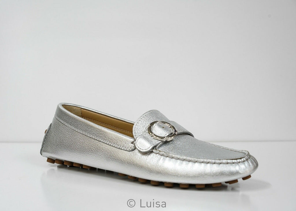 silver moccasin shoes