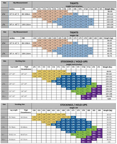 Black Secret Tights and Stockings Size Chart