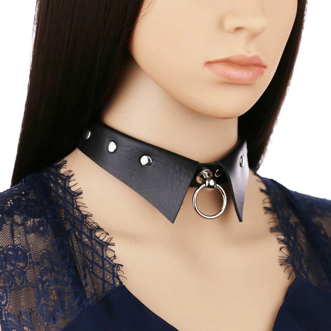 Black Faux Leather Shirt Collar Choker with O-Ring.