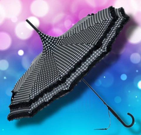 Black Polkadot Frilled Pagoda Umbrella / Parasol