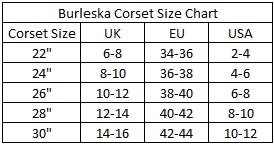 Burleska Corset Size Chart