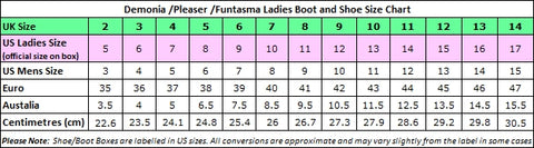 Pleaser Ladies Boot Size Chart