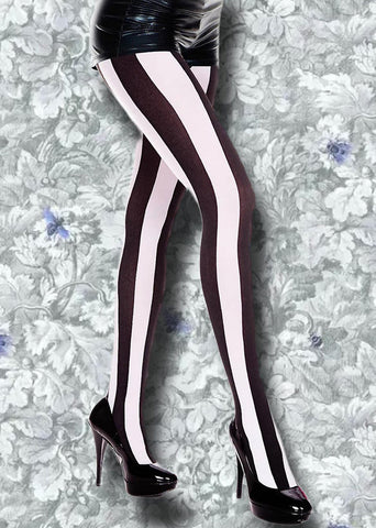 Music Legs Black White Vertical Striped Tights