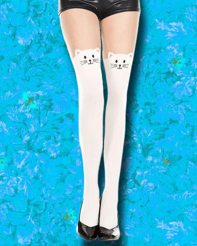 Music Legs Kitty Tights White