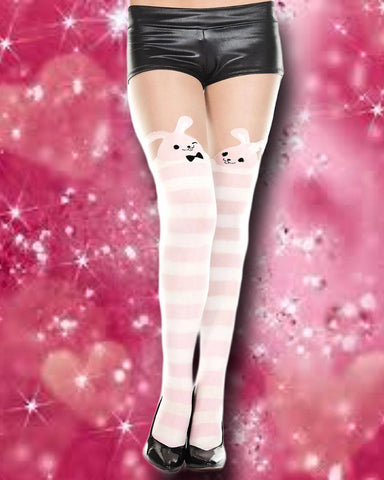 Music Legs White Pink Bunny Tights