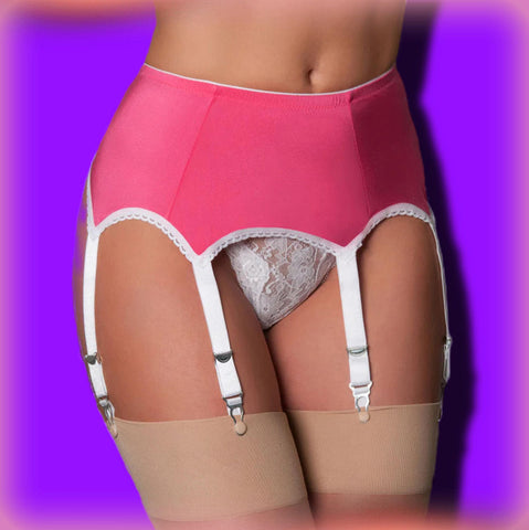 Nylon Dreams 6 Strap Suspender Belt Pink/White