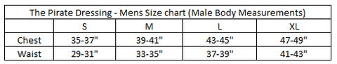 Pirate Dressing Mens Size Chart