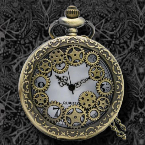 Steampunk Pocket Watch with Gears on Necklace Chain