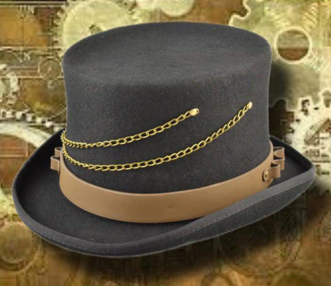 Steampunk Top Hat with Faux Leather Hat Band and Chains