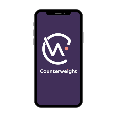 A smartphone displaying a purple screen with the counterweight logo