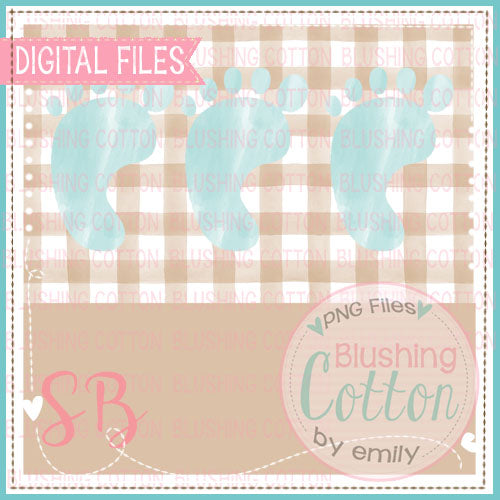 Baby Feet Blue With Khaki Check Background With Name Plate Watercolor Blushing Cotton