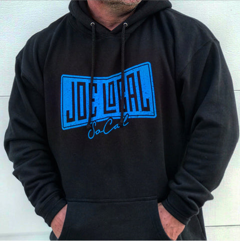 Joe Local So Cal Black Hoodie with blue flag logo. Premium Heavyweight 13.5oz/450gm fleece ring spun cotton 70% cotton / 30% polyester. double fleece lined hood antique silver eyelets heavy duty 100% cotton shoestring drawcord with antique silver tips double ribbing side panels for stretch. Back of hoodie features Joe Local logo at center top under the neck.