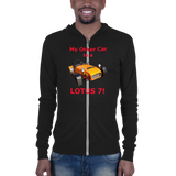 B & C Unisex zip hoodie: Lotus 7 red text