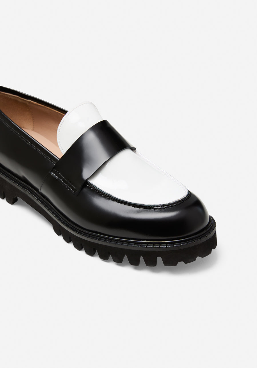 White and black penny on sale loafers