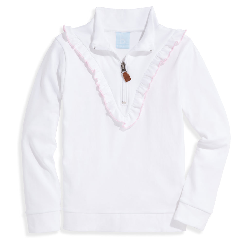 Ruffled Pima Half Zip -- White w/ Pink - bella bliss product image