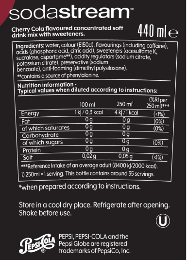 Pepsi Max cherry 6-pack nutrition label