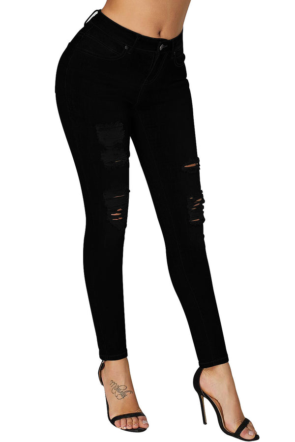 Mid Rise Ripped Ankle Skinny Jeans#color_black