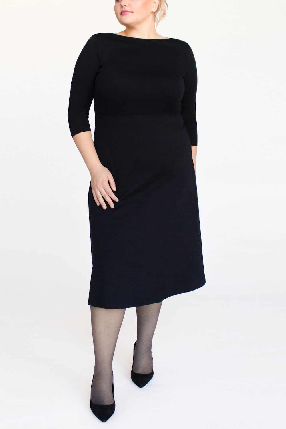 3/4 Sleeve BCI Cotton Boatneck Mid-calf Flared Dress -- Black