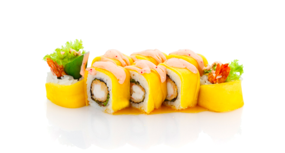 Salmon sushi rolled with mango strips