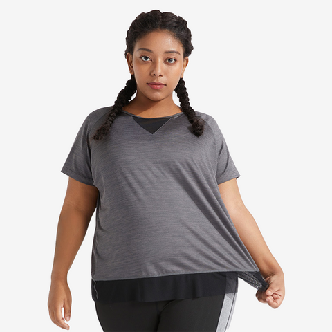 CURVVY Plus Size Mesh Asymmetrical Back Vent Short Sleeve Shirt