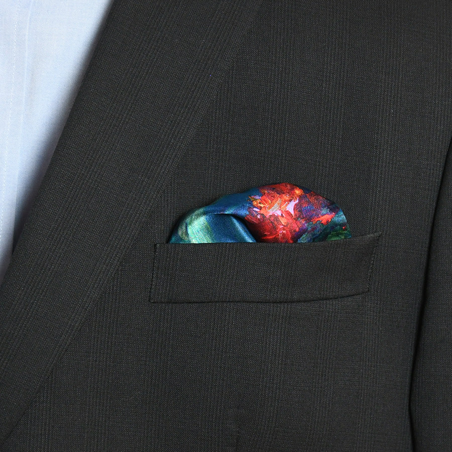 Small silk scarf Water Lilies used as a pocket square with a dark jacket, by Oksana Fine Art and Design
