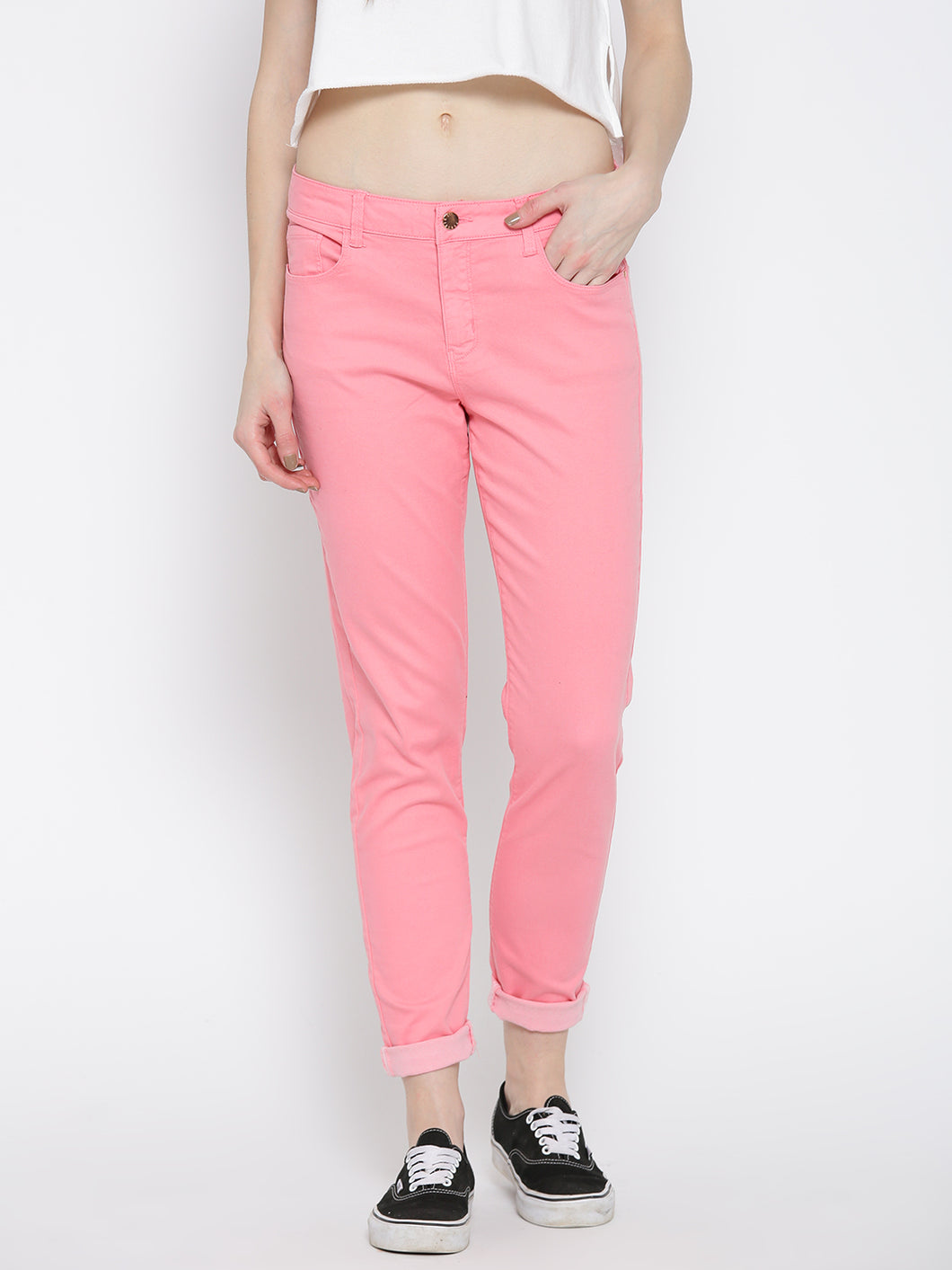 Pink Skinny Fit Solid Casual Trousers