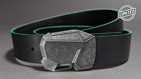 Fractal 2.0 in futuristic antique stone and off-white finish with green accents on black and green leather belt. Push the quick release button to unlock.
