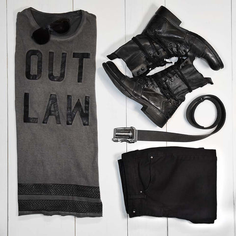 men's western apparel idea - black Outlaw tshirt, black jeans, money clip, leather boots and gun belt buckle.