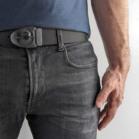 Retro futuristic fashion Dial 7 belt buckle. Grey distressed American leather belt for jeans. Custom belt sizes. bifl edc