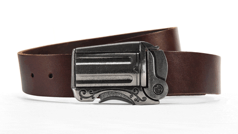 Gunmetal Outlaw magnetic western belt buckle. Cool unique lock opens with a bang when you pull the trigger. Adjustable belt size. EDC belt.