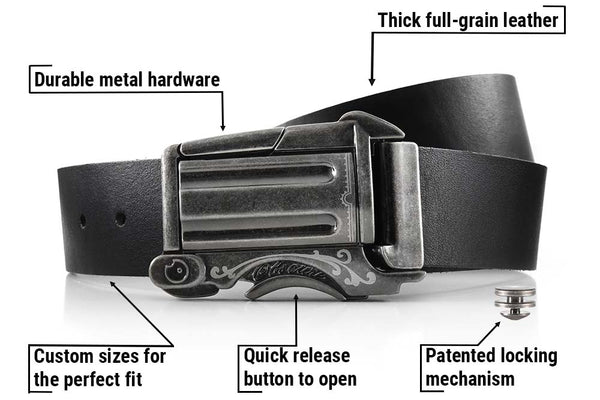 key features of our leather gun belt buckle include durable hardware, thick leather, custom sizes, and a cool way of opening