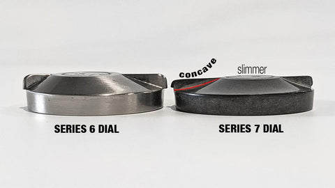 side-by-side comparison of the Series 6 and Series 7 Dial center turning piece. The new piece has a slimmer profile and complex concave shape than the original.