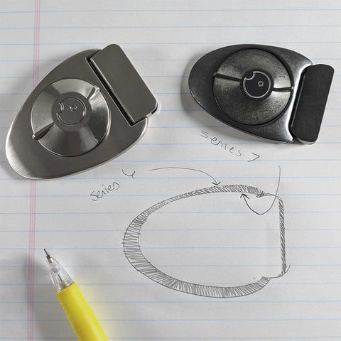 playful free style drawing showing the reduction in size between the Series 6 and 7 Dial belt buckles