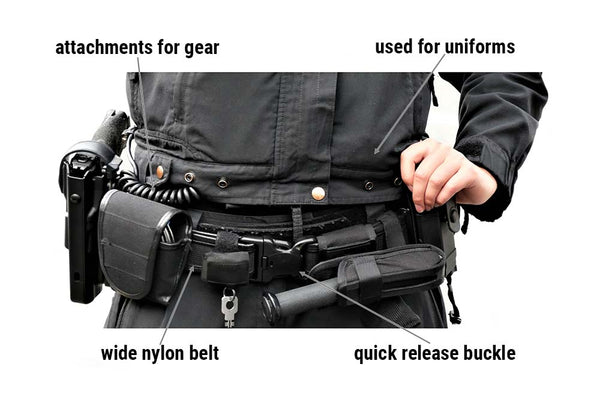 tactical gun belt worn by law enforcement officer with attachments for carrying loaded hand gun, hand cuffs, pepper spray and other gear