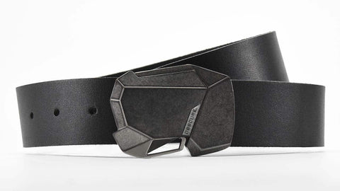 Description: Stone Fractal cool belt buckle on soft black leather belt for jeans and cyberpunk pants. Black leather belts handmade with American leather. 1-1/2 inch width.