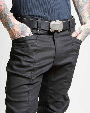 Our favorite mens black belt is the Stone Fractal on Black Leather. Match it with Crisiswear pants for a cyberpunk look