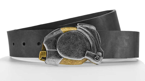 unlock your belt by pushing the hidden magnetic button on the enigma buckle