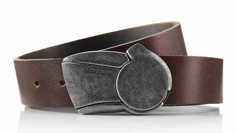Gunmetal Sundial retro futuristic magnetic belt buckle. Turn to click belt open. Brown full grain veg tan leather belt strap.