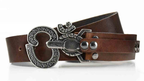 Elaborate Aged Ohm peace sign belt buckle on brown full grain leather strap. Pull pin to unlock. Womens belt for dress or jeans.