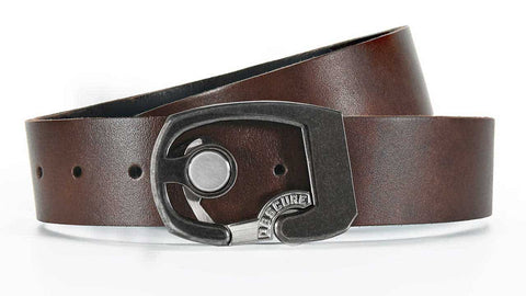 Skeleton belt buckle on brown full grain leather belt strap. Quick release button is easy to work correctly. Adjustable size. Modern tactical belt