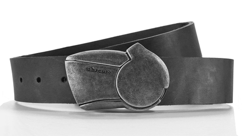 pull the trigger back to unlock the Sundial buckle. Featured here on limited edition slate grey leather belt strap.